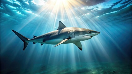 Fototapeta premium Shark swimming underwater in natural light, shark, underwater, ocean, predator, sea life, marine, wildlife, dangerous, teeth