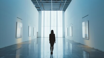 Fototapeta premium Professional woman in a suit directing visitors through a complex exhibition space.