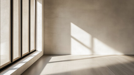 Interior design composition in beige colors with a large window providing natural lighting to the room interiors creating shadows. Minimalist interiors with minimal decoration.