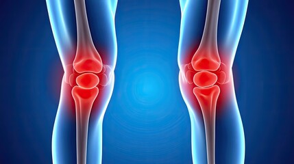 Illustration of human knees with highlighted areas, depicting joint pain and anatomy on a blue background.