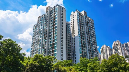 Modern apartment buildings stand tall against a bright blue sky, surrounded by lush green trees and vibrant nature.