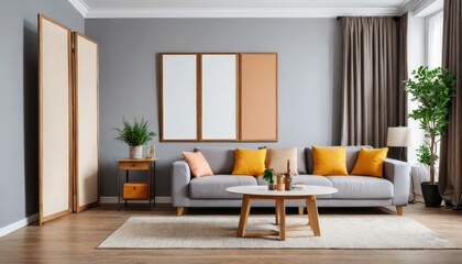 Modern Living Room Interior Design with Grey Sofa and Wooden Coffee Table.