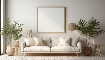 Mock up poster frame in Scandinavian style interior with wooden furnitures. Minimalist interior design. 3D illustration.