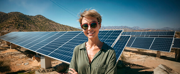 woman with panels. A woman stands in front of a solar panel