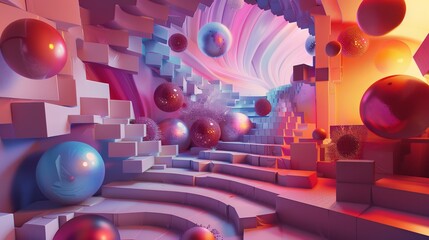 Obraz premium Surreal staircase in a vibrant, abstract space with floating spheres and cubes