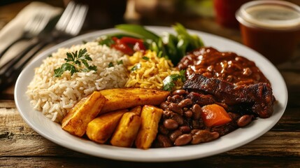 A beautifully plated traditional Dominican food, captured from the perspective of a famous food photographer