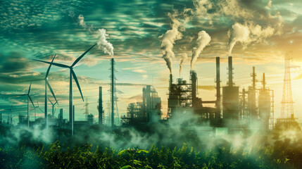 Top view of large wind turbines used in industrial plants, machines and technologies. Green energy for a clean and sustainable environment. Concept of industry, ecology.