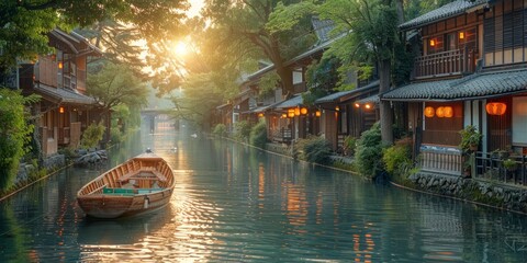 Obraz premium Tranquil Canal Scene in Japan at Dawn