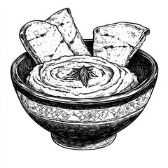 Black and white Vintage engraved art of a bowl of hummus with pita bread slices, isolated on white background, ink sketch illustration, simple vector art design, highly detailed line art