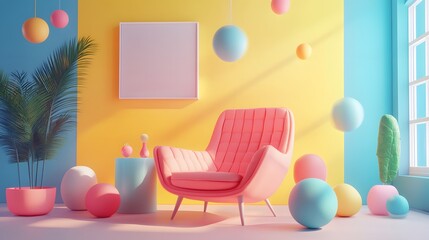 A pink armchair in a colorful room with floating balls, a potted plant, and a blank canvas.