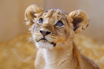 Fototapeta premium Cute lion cub with blue eyes looks up curiously, over a straw background