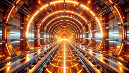 Abstract Digital Tunnel: Glowing Orange Lights and Metallic Structures  AI generated