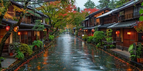 Japanese Canal Scene with Autumn Foliage and Lanterns