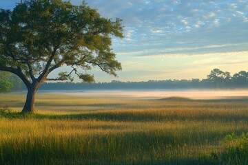 Fototapeta premium A serene landscape featuring a lone tree amidst tall grass and misty surroundings at dawn.