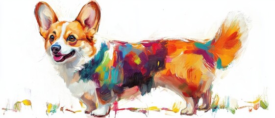 A colorful painting of a corgi standing, showcasing vibrant hues and playful expression.