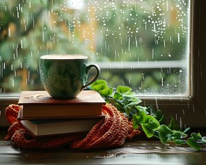 Cozy Autumn Scene with Cup of Coffee and Rainy Window View on Wooden Windowsill