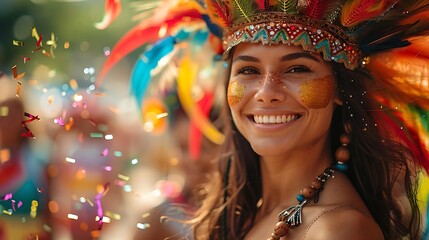 Obraz premium Smiling Woman with Colorful Feather Headdress at carnival