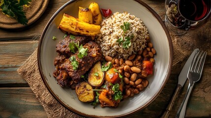 A beautifully plated traditional Dominican food, captured from the perspective of a famous food photographer
