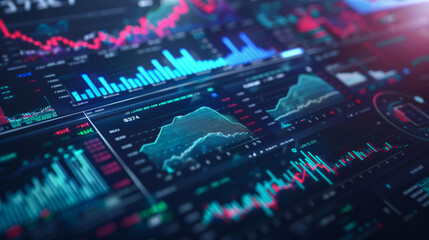 Fototapeta premium Modern virtual screen with financial data charts on the stock market. Monitoring panel on a digital screen on a dark background. Financial management technology.