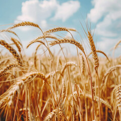 Golden Wheat Stalks Swaying in a Field Under a Cloudy Blue Sky