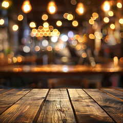 Wooden Tabletop with Blurred Bokeh Lights in a Bar or Pub Setting