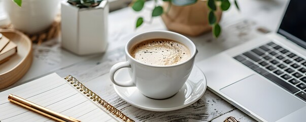 Coffee Cup on Desk with Laptop and Notebooks for Productive Day