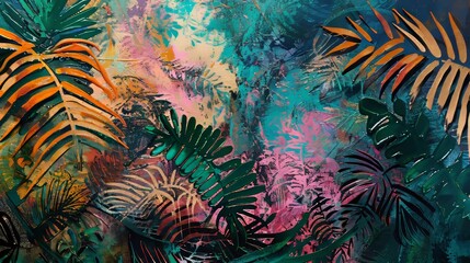 Vibrant tropical foliage with colorful hues in a lush, abstract display
