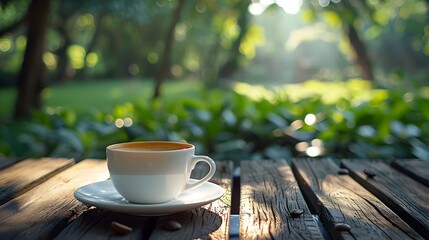 A Cozy Cup of Coffee in a Lush Green Park Setting with Peaceful Ambiance and Copyspace