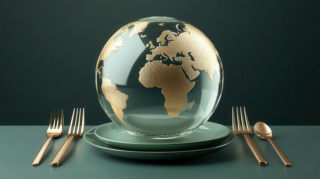 Cute glass globe on green plate with cutlery, minimalist style, aesthetic photography