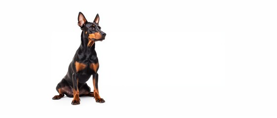 A seated Doberman dog in a profile view against a white background.