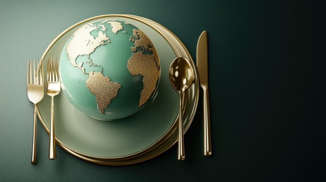 Cute glass globe on green plate with cutlery, minimalist style, aesthetic photography