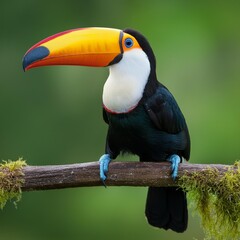 Obraz premium A toucan in vibrant colors perches on a tree branch during the rain Surrounding are trees and leaves with a soft, blurred backdrop