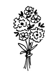 Beautiful, festive bouquet of flowers, peonies and roses. Hand-drawn vector drawing with black outline. Sketch in ink.
