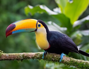 Fototapeta premium A toucan perched on a branch, its vibrant beak contrasting against the indistinct background