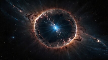 Fototapeta premium Massive supernova in endless space, shining solar lights in dark abstract background