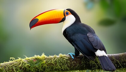 Fototapeta premium A toucan perched on a branch, its vibrant yellow beak contrasting the green foliage Behind it, a black and yellow bird sits