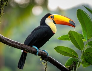 Obraz premium A toucan perched on a branch, its vibrant beak contrasting against the indistinct background