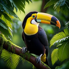 Obraz premium A toucan perches on a tree branch, surrounded by sunlight filtering through the foliage The backdrop comprises a lush canopy of trees
