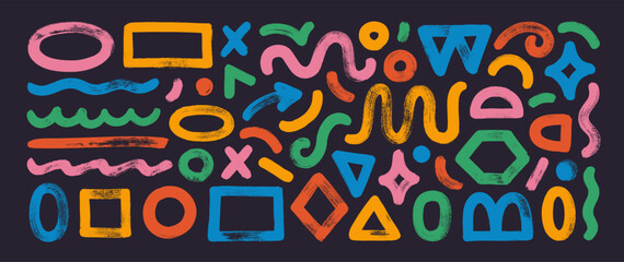 Colorful collection of naive playful doodle shapes for collages. Grunge style geometric figures drawn with brush. Hand drawn squiggles, underlines, organic shapes. Vector collage elements.