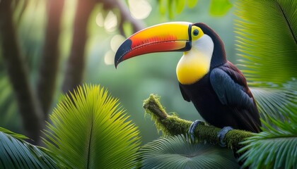 Obraz premium A toucan perching on a tree branch, its vibrant bill matching the hue of its head