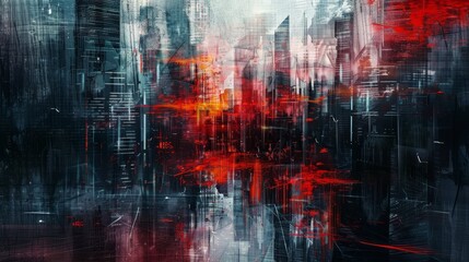 Fototapeta premium Abstract cityscape with vibrant red and black colors reflecting on a rainy surface during twilight
