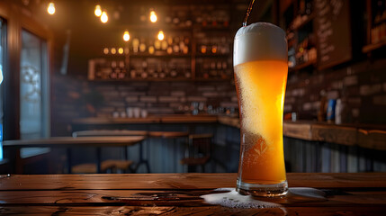 Draft beer poured into frosty glass on wooden table, draft beer, pub, cold, beer, glass