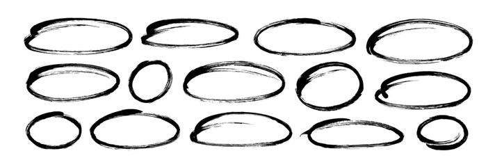 Hand drawn ovals, circles and ellipses collection. Highlight oval frames, vector doodle ellipses. Set of various geometric round shapes to circle and highlight text. Elements for diagrams and notes.