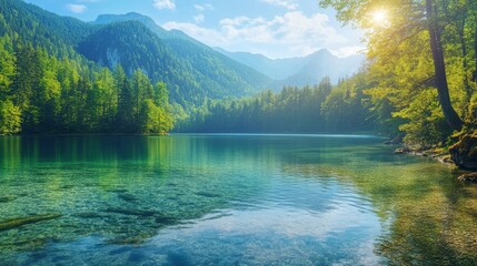 Sunny mornings in early autumn, with a dense forest and a mountain lake in the background. glistening, clean, turquoise-colored water.