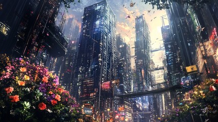 Obraz premium Cyberpunk Cityscape with Vintage Floral Designs - Futuristic Art Print