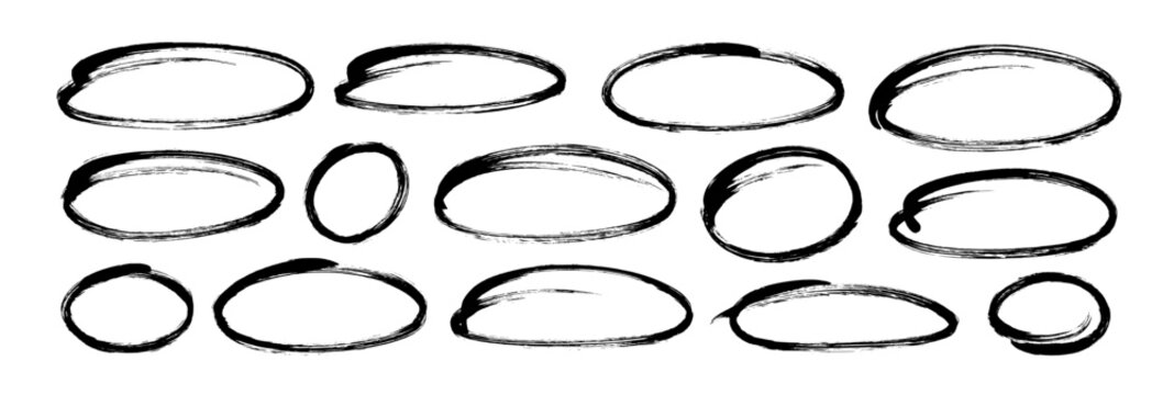 Hand drawn ovals, circles and ellipses collection. Highlight oval frames, vector doodle ellipses. Set of various geometric round shapes to circle and highlight text. Elements for diagrams and notes.