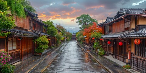 Fototapeta premium Traditional Japanese Street in the Evening Rain