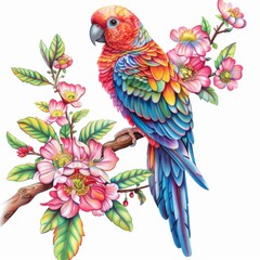 Fototapeta premium Colorful parrot perched on a blooming branch with pink flowers in a vibrant watercolor illustration isolated on a white background.