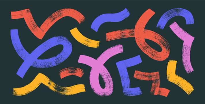 Bold brush drawn colorful squiggles with loops, curved lines. Messy purple and red doodles, geometric funky brush strokes.