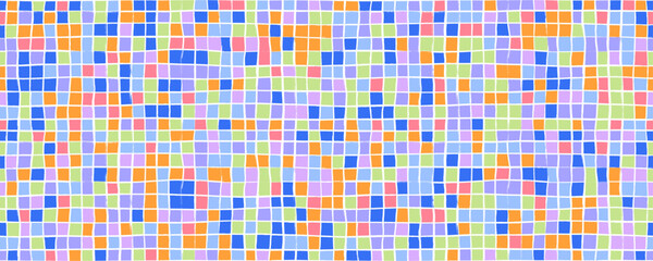 Seamless banner design with checked motif. Hand drawn colorful geometric squares seamless pattern. Colorful square dots, particles, geometric mosaic background. Abstract halftone texture.